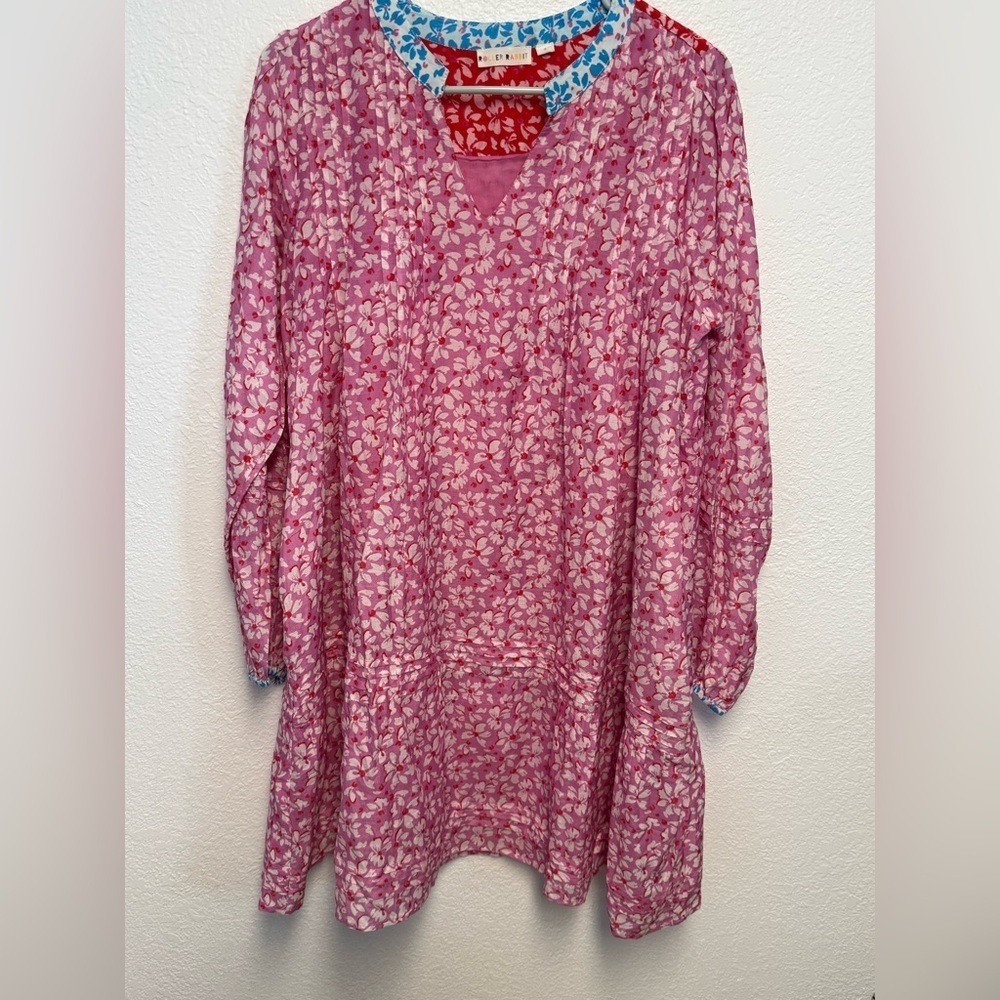 Roller Rabbit Pink Floral Tunic Dress Boho Mini Pintuck Long Sleeve Size S